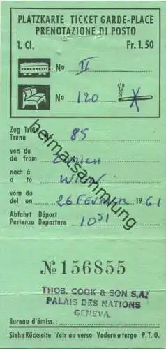Schweiz - Platzkarte Ticket Garde-Place - 1961 1. Classe - Nichtraucher Fr. 1.50 Zürich Wien