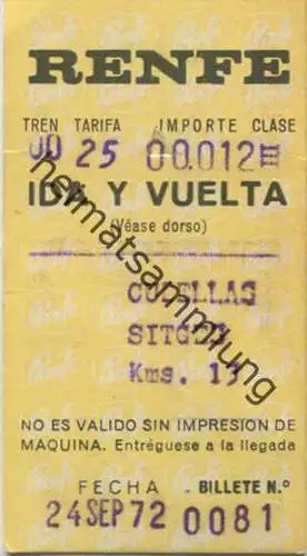 Spanien - Barcelona - Cubellas Sitges - RENFE - Fahrschein 1972