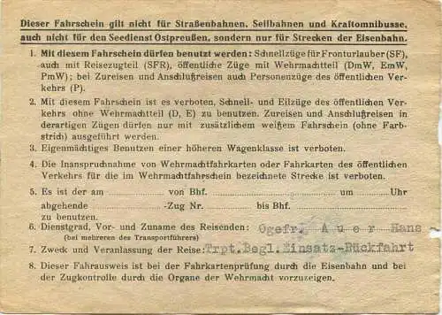 Kleiner Wehrmachtfahrschein Teil 2 1944 - von Naumburg nach Wien für eine Person 3. Klasse - 4./Lds. Schtz. Batl. 858