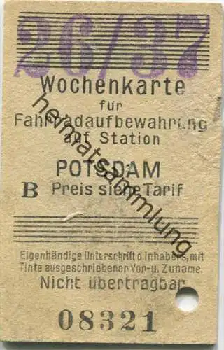 Potsdam - Wochenkarte für Fahrradaufbewahrung auf Station Potsdam 1937