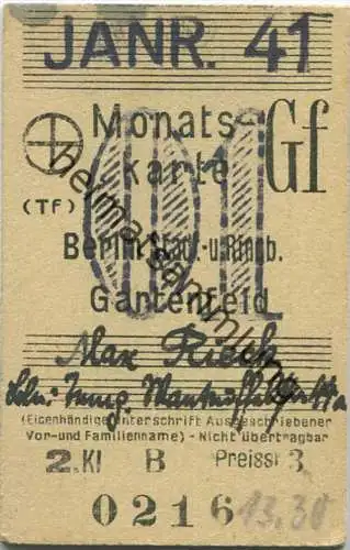 Berlin - Monatskarte - Berlin Stadt- und Ringbahn Gartenfeld - 2. Klasse Preisstufe 3 1941