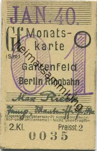 Berlin - Monatskarte - Gartenfeld Berlin Ringbahn - 2. Klasse Preisstufe 2 1940