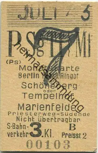 Berlin - Monatskarte - Berlin Potsd Ringbf oder Schöneberg oder Tempelhof Marienfelde - S-Bahnverkehr 3. Klasse Preisstu
