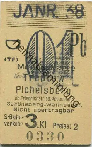 Berlin - Monatskarte - Treptow Pichelsberg - S-Bahnverkehr 3. Klasse Preisstufe 2 1938