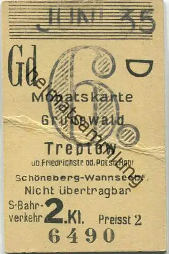 Berlin - Monatskarte - Grunewald Treptow - S-Bahnverkehr 2. Klasse Preisstufe 2 1935