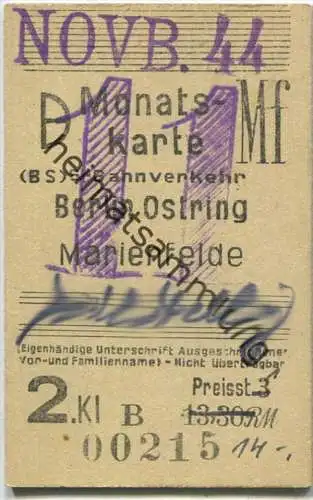 Berlin - Monatskarte S-Bahnverkehr Berlin Ostring Marienfelde - 2. Klasse - Preisstufe 1 14,00RM 1944