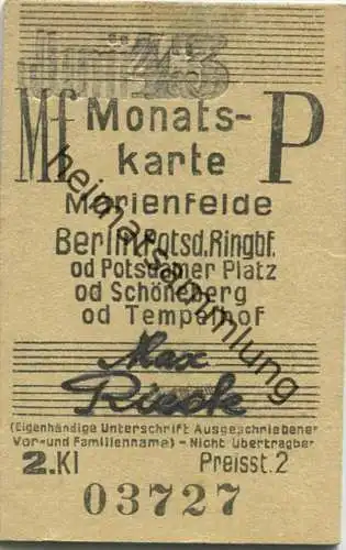 Berlin - Monatskarte - Marienfelde Berlin Potsd. Ringbf.- 2. Klasse Preisstufe 2 1943