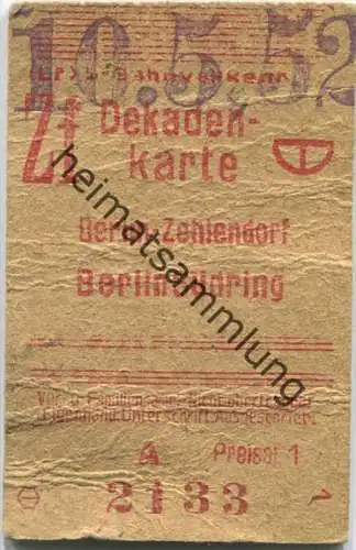 Berlin S-Bahnverkehr - Dekadenkarte - Berlin-Zehlendorf Berlin Südring - Preisstufe 1 1952