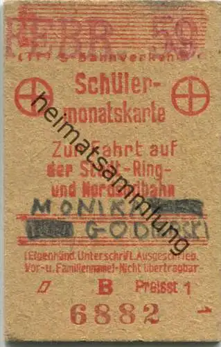 Berlin - Schülermonatskarte zur Fahrt auf der Stadt- Ring- und Nordsüdbahn - Preisstufe 1 1959
