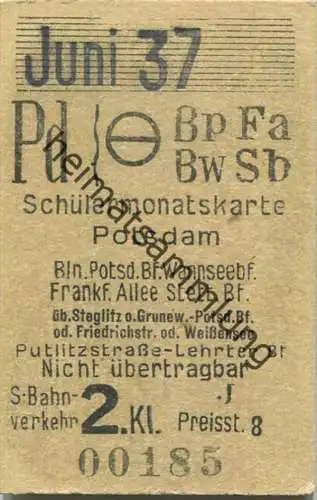 Berlin - Schülermonatskarte - Potsdam - 2. Klasse S-Bahnverkehr Preisstufe 8 1937