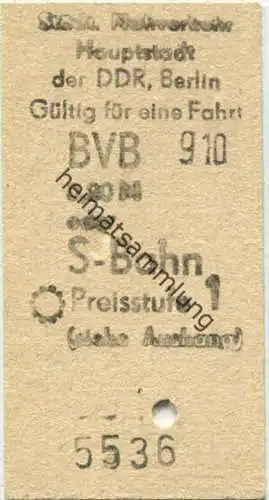 DDR Städtischer Nahverkehr Hauptstadt Berlin - Fahrschein für eine Fahrt BVB 0,20M oder S-Bahn Preisstufe 1