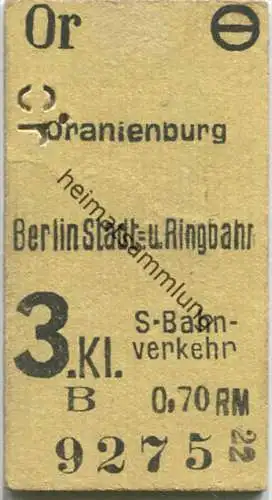 Berlin - S-Bahnverkehr 3. Kl. 0,70RM - Oranienburg Berlin Stadt- und Ringbahn