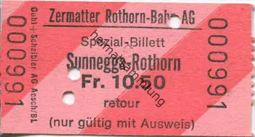 Zermatter Rothorn-Bahn AG - Sunnegga-Rothorn - Spezial-Billett nur gültig mit Ausweis