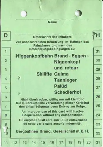 Niggenkopfbahn - Skilifte - Bergbahnen Brand ner Skipass 8-Tage-Karte 1969