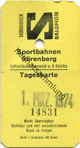 Sportbahnen Sörenberg - Luftseilbahn Rossweid und 6 Skilifte - Tageskarte 1974