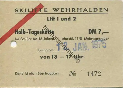 Skilifte Wehrhalden - Halb-Tageskarte für Schüler 1975