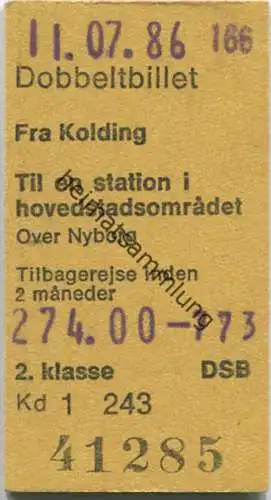 Dobbeltbillet Fra Kolding - Til en station i hovedstadsomradet - Over Nyborg - Fahrkarte 2.klasse 1986
