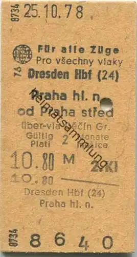 Dresden Hbf Praha hl. n. od Praha stred via Decin Gr. - Fahrkarte 2.Kl 1978