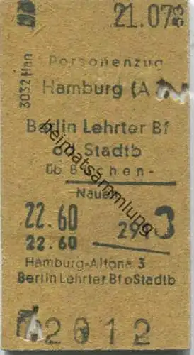 Personenzug - Hamburg-Altona - Berlin Lehrter Bf. oder Stadtb. über Büchen Nauen - Fahrkarte 3. Klasse 22.60 1953