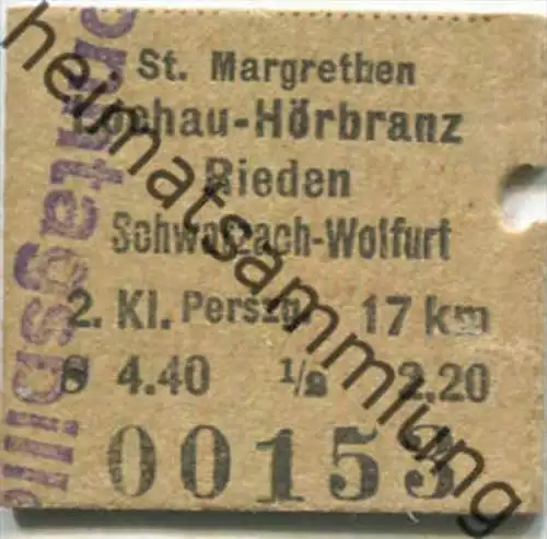 Österreich - Sonntagsbillet - St. Margrethen Lochau-Hörbranz Rieden Schwarzach-Wolfurt - Fahrkarte 1959 2. Klasse