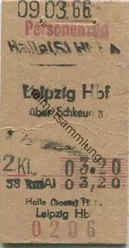 Personenzug Halle - Leipzig über Schkeuditz - Fahrkarte 2. Klasse 1966