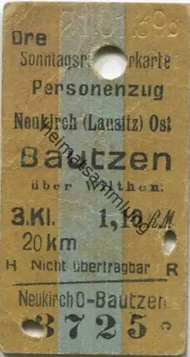 Deutschland - Sonntagsrückfahrkarte - Personenzug Neukirch (Lausitz) Bautzen über Wilthen 3.Klasse 1,10 RM 1939