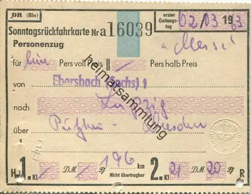 Deutschland - Sonntagsrückfahrkarte Ebersbach Leipzig über Putzkau Dresden - Fahrkarte 2. Klasse 1963