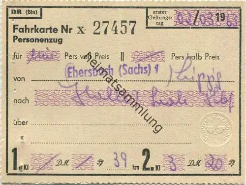 Personenzug Ebersbach Halle - Fahrkarte 2. Klasse 1963