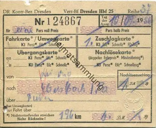 1. Klasse Schnellzug Zuschlagkarte 1956 von Leipzig nach Ebersbach