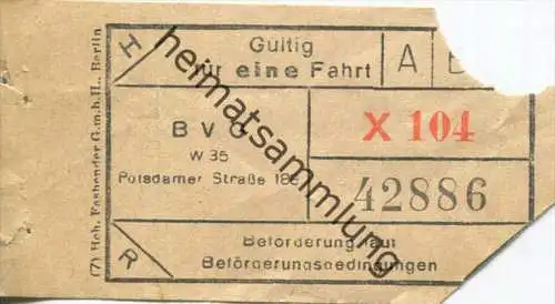 BVG Berlin Potsdamer Straße 188 - Fahrschein ca. 1948 - Gültig für eine Fahrt
