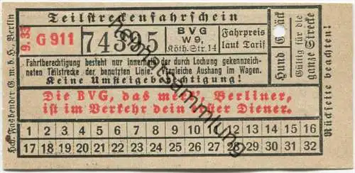 BVG Berlin Köthener Strasse 14 - Teilstreckenfahrschein 1933 - Gepäckschein