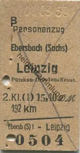 Personenzug - Ebersbach Leipzig - Fahrkarte 2. Klasse 15,40DM 1959