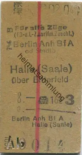 Berlin Anhalter Bhf. Halle (Saale) über Bitterfeld - Fahrkarte 3. Klasse 8.-  1943