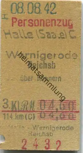 Personenzug - Halle (Saale) Wernigerode  über Könnern - Fahrkarte 3. Klasse 4.60RM 1942