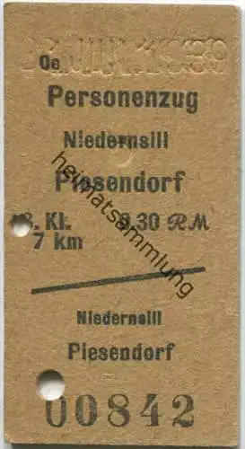 Österreich - Personenzug - Niedernsill Piesendorf - Fahrkarte 3. Klasse 0.30RM 1939