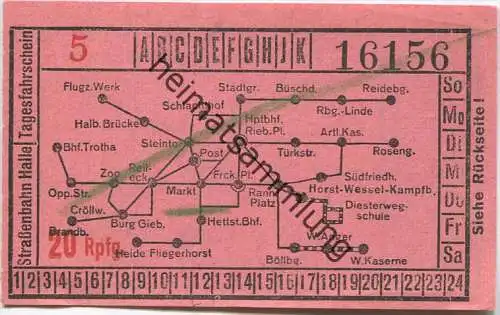 Halle - Strassenbahn Halle - Tagesfahrschein 20 Rpfg. 30er Jahre - rückseitig Werbung W.F. Wollmer Kleider- und Seidenst