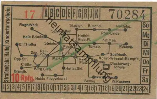 Halle - Strassenbahn Halle - Kinderfahrschein 10 Rpfg. 30er Jahre - rückseitig Werbung W.F. Wollmer Kleider- und Seidens