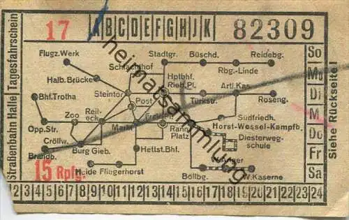 Halle - Strassenbahn Halle - Tagesfahrschein 15 Rpfg. - 30er Jahre - rückseitig Werbung W.F. Wollmer Kleider- und Seiden