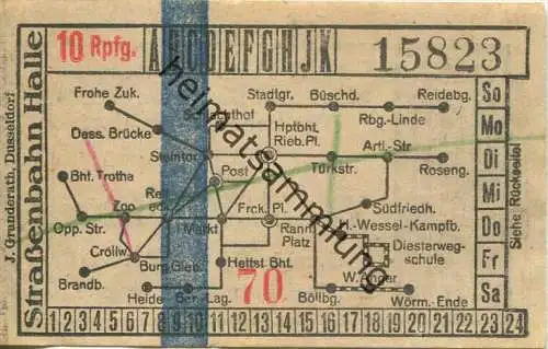 Halle - Strassenbahn Halle 10 Rpfg. 30er Jahre - rückseitig Werbung W.F. Wollmer Kleider- und Seidenstoffe Grosse Ulrich