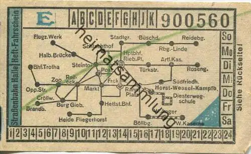 Halle - Strassenbahn Halle - Heft-Fahrschein 30er Jahre - rückseitig Werbung W.F. Wollmer Kleider- und Seidenstoffe Gros