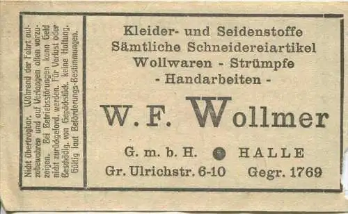 Halle - Strassenbahn Halle - Heft-Fahrschein 30er Jahre - rückseitig Werbung W.F. Wollmer Kleider- und Seidenstoffe Gros