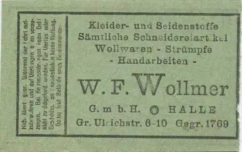 Halle - Strassenbahn Halle - Tagesfahrschein 25 Rpfg. - 30er Jahre - rückseitig Werbung W.F. Wollmer Kleider- und Seiden