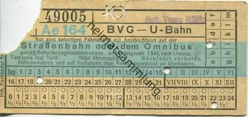 Berlin - BVG - U-Bahn mit Anschlussfahrt auf der Strassenbahn oder dem Omnibus - Onkel Toms Hütte - Fahrschein