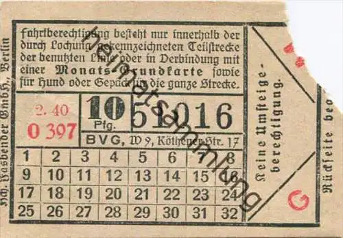 BVG Berlin Köthener Str. 17 - Fahrschein 1940