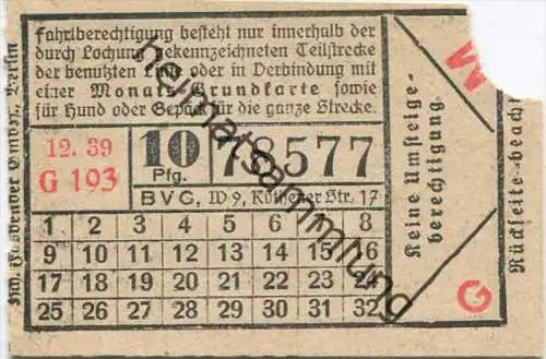 BVG Berlin Köthener Str. 17 - Fahrschein 1939