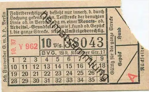 BVG Berlin Köthener Str. 17 - Fahrschein 1937