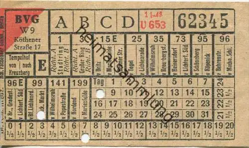 BVG Berlin Köthener Str. 17 - Fahrschein 1943 - Tempelhof von nach Kreuzberg