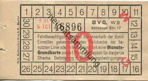 BVG Berlin Köthener Str. 17 - Fahrschein 1941 - Teilstreckenschein oder in Verbindung mit einer Monats-Grundkarte sowie