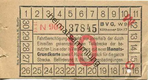BVG Berlin Köthener Str. 17 - Fahrschein 1941 - Teilstreckenschein oder in Verbindung mit einer Monats-Grundkarte sowie