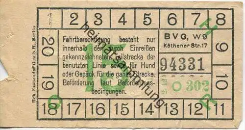 BVG Berlin Köthener Str. 17 - Fahrschein 1942 - Teilstreckenschein sowie für Hund und Gepäck